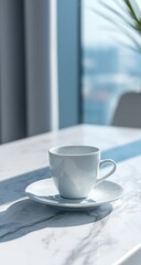 A pristine white coffee cup and saucer rest on a marble tabletop, bathed in natural light.