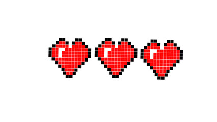 AI-generated PNG of three iconic red pixel hearts symbolizing game lives/health, floating above a dynamic red-black heart effect; ideal for graphic design, UI, and UX.