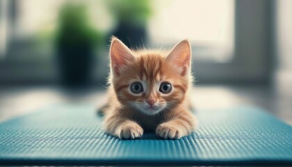Close-up small orange kitten lying blue yoga mat Adorable