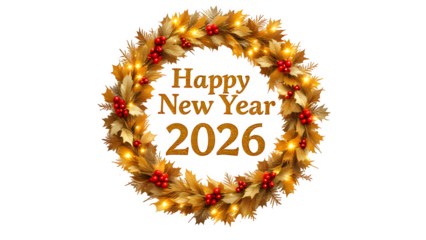 Golden New Year Wreath 2026, isolated on transparent background