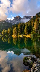 Serene mountain lake reflecting a sky and trees
