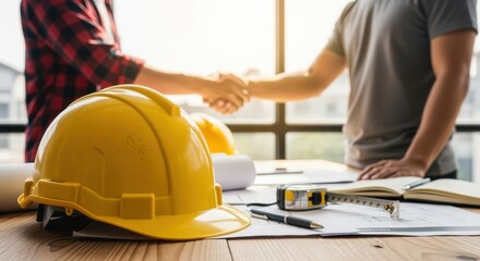 Two professionals shake hands over construction plans and tools on wooden table. Yellow safety helmet, measuring tape, and blueprints create scene of successful building project collaboration.