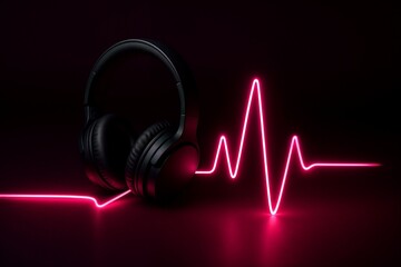 Black Headphones with Glowing Neon Pink Sound Wave or Equalizer Line on a Dark Background, Representing Music and Audio Technology