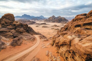 Desert landscape dirt road winding through it is Red orange Mars like