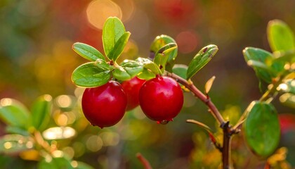 Obraz premium Red cranberries on branch bathed in sunlight