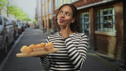Woman holding muffins on wooden board on street finger to cheek thinking pose; curiosity baking...