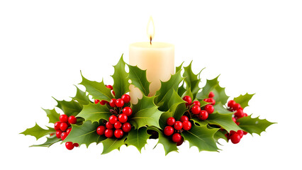 Holiday Candle with Holly, isolated on transparent background