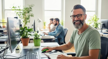 Smiling bearded man with glasses in green shirt working at computer in bright modern office. Monitor, plants, and notebook on desk. Colleagues collaborate in background creating productive atmosphere.