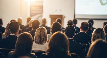 Professional audience in formal attire seated in modern conference room during business presentation. Attendees focus on speaker at front. Ideal for corporate training and business education.