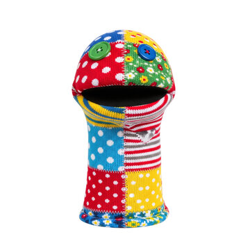 Colorful handmade patchwork sock puppet with button eyes