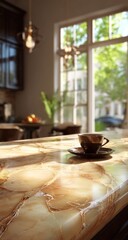 A close-up view of a kitchen countertop, featuring a beautiful onyx-like design, with a warm, golden-brown color palette and a subtle, natural pattern.