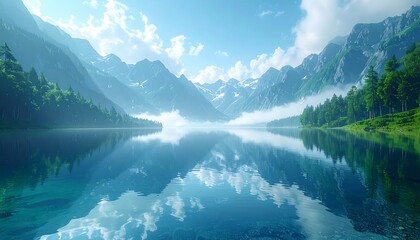 Serene mountain lake reflecting a sky filled with clouds and sunlit peaks