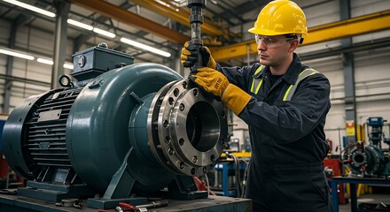 Fototapeta premium Industrial Worker Assembling Heavy Machinery in a Factory Setting