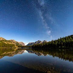 Serene mountain lake reflecting a starlit sky and Milky Way