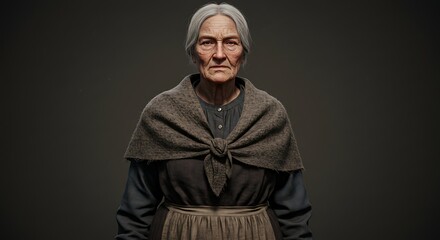 Obraz premium An elderly woman in her 80s wearing traditional 1800s rural clothing, long dark dress with apron and shawl, weathered yet strong presence, realistic and detailed, isolated.