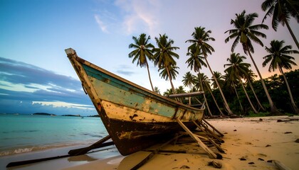 Weathered boat rests on tropical beach at sunset