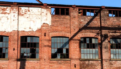 Weathered brick building facade with missing plaster and broken windows, casting shadows
