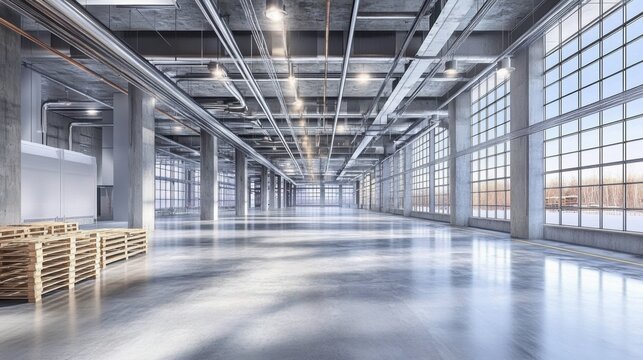 Empty warehouse high ceilings large windows both sides Modern spacious