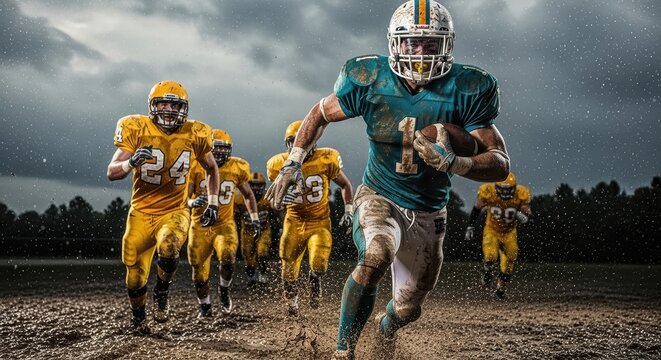 Football player in teal uniform breaks away from defenders in yellow jerseys on muddy field. Dramatic lighting creates powerful sports atmosphere. Perfect for athletic campaigns.