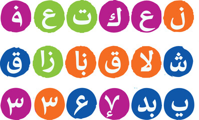 Fototapeta premium Colorful Arabic Letters and Numbers on Circular Backgrounds.