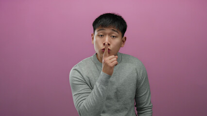 Young man gesturing for silence with finger over lips against pink background suggests a secretive...