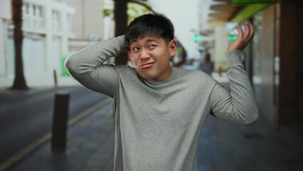 Young man in casual street setting showing discomfort or confusion while standing outdoors in a...