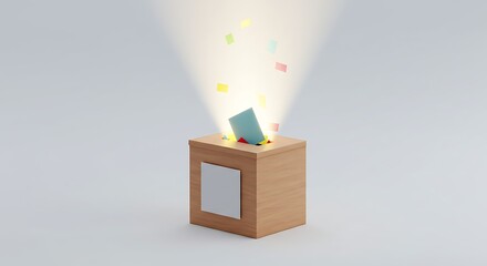 A ballot box filled with voting cards, glowing light emerging from inside, symbol of hope and democracy, isolated on white background, minimal yet powerful design.