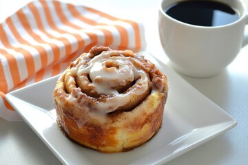 Freshly baked cinnamon roll white square plate cup