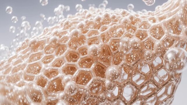 Close-up camera revealing artificial skin structure for human transplantation. Bioengineered tissue with cellular network and porous scaffold. Medical innovation, regenerative medicine concept.