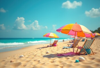 Fototapeta premium Vibrant Beach Umbrellas Dotted Across Golden Sands Under Bright Blue Sky, Scenic Coastal Paradise