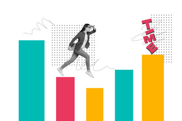 Creative photo image collage young woman walk charts step go time management deadline schedule...