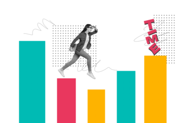 Creative photo image collage young woman walk charts step go time management deadline schedule regime responsibility work task