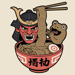 Japanese Food Art. Fierce Oni Mask with Ramen and Frog Graphic