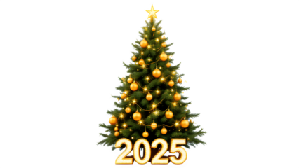 Christmas tree with golden ornaments and 2025 text, isolated on transparent background