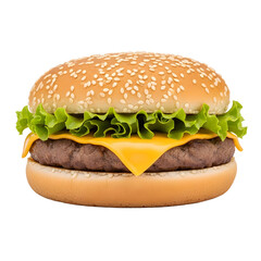 Delicious burger with sesame bun beef patty cheese slice and lettuce on a black background appetizing and ready to eat
