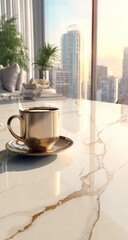A golden coffee cup sits on a smooth, cream-colored marble-patterned surface, overlooking a city skyline, bathed in morning sunlight.