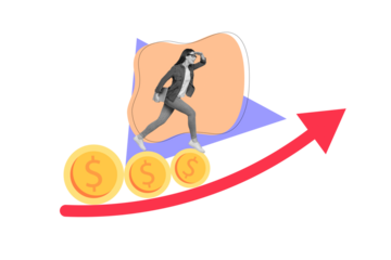 Composite photo collage of happy businesswoman run development arrow carry laptop coin income success profit isolated on painted background