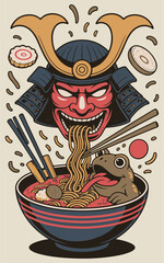 Japanese Food Art. Fierce Oni Mask with Ramen and Frog Graphic