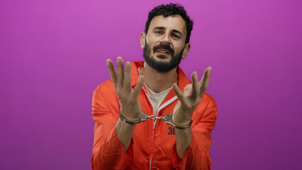 Hispanic man with beard in orange prison jumpsuit gestures handcuffed hands against pink background, embodying incarceration and justice themes.