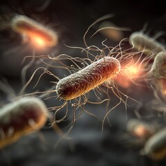 Close-up of rod-shaped bacteria with flagella, realistic scientific visualization of microbes and pathogens for biology, medical science, infection research, and microbiology studies.