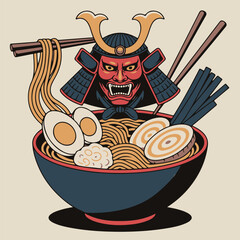 Japanese Food Art. Fierce Oni Mask with Ramen and Frog Graphic