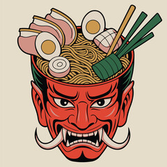 Japanese Food Art. Fierce Oni Mask with Ramen and Frog Graphic