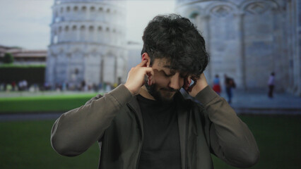 Obraz premium Young man with beard covers ears in front of pisa tower on a sunny day outdoors capturing a moment of expression in italy.