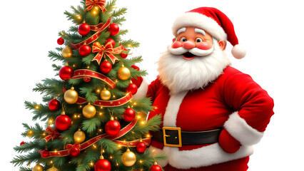 Santa Claus with Christmas Tree 3d rendered, isolated on transparent background