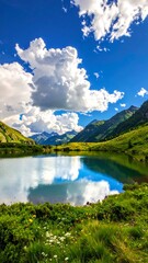 Serene mountain lake reflecting a vibrant sky and lush vegetation