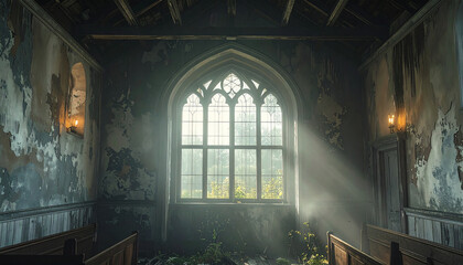 Gothic New England Meetinghouse in Dense Fog: Solitary Light in a Stained-Glass Window