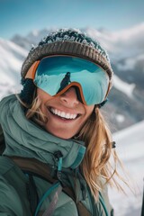 Young woman enjoys a bright winter day while skiing in high-altitude mountains, showcasing her excitement and gear
