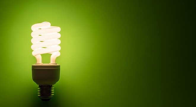 Energy-efficient light bulb on green background for eco-friendly lighting.
