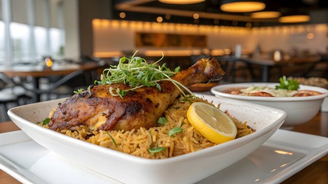Elegant nasi briyani with grilled chicken thigh, lemon wedges and microgreens on white plate