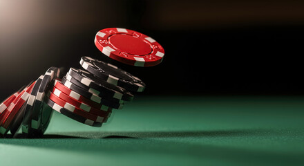 A stack of poker chips falling onto a casino table an action shot of a high stakes bet in a game of chance with copy space